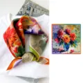 Spring summer silk small square scarf with artistic oil painting floral print, elegant accessory. - Colorful Vase