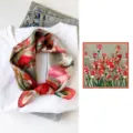 Chic silk floral square scarf for women featuring artistic oil painting prints view. - Iris Red