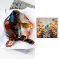 Silk small square scarf detail showing oil painting floral print, orange and blue tones. - Multicolor Oil Painting