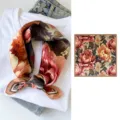 Detailed view of a vintage floral silk square scarf, elegant retro pattern for women styling. - Peony Blossom Print