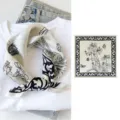 Silk square scarf for women, elegant black and white floral butterfly print silk neckerchief. - Black and White Butterfly