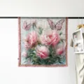 Elegant 90cm satin square scarf featuring a stunning oil painting floral and butterfly print. - Pink Chrysanthemum