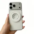 Detailed view of white magnetic phone ring holder with elegant shell texture inlay. - Magnetic Ring / White
