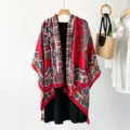 Ethnic style paisley print shawl for women, elegant red tassel scarf for outdoor travel. - Border Paisley