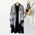 Ethnic style elephant print shawl scarf with black dress set, lightweight bohemian cape for women. - Black and White Elephant