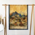 Women vintage Chinese landscape print satin long scarf, elegant ancient architecture shawl. - Mirage