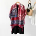 Ethnic style women sun protection shawl tassel printed cotton linen scarf for travel photo outfit - Mysterious Red