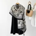 Ethnic style printed scarf elegant black and white shawl versatile fashion women accessory - Thailand Elephant Black