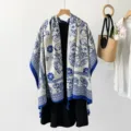 Ethnic style printed shawl for women, elegant blue and white design with tassels. Perfect accessory. - Thailand Elephant Blue