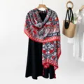 Ethnic paisley print scarf women's oversized shawl vintage red and blue cotton linen wrap for travel - Totem Red and Black