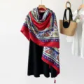 Ethnic print boho women's shawl large red blue fashion sun protection scarf summer. - Paisley Frame Red