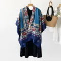 Ethnic style blue paisley print shawl cape with tassels, lightweight wrap for women. - Paisley Frame Blue