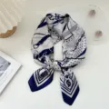 Blue and white silk scarf for women, classic chain and equestrian print chic neckerchief. - Star Belt Chain Navy Blue