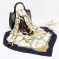 90cm women satin silk scarf with elegant chain print, stylish square neckerchief shawl. - D9043-Navy Blue