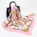 Women 90cm Silk Feel Satin Scarf Luxury Chain Print Square Headband Elegant Shawl - D9043-Pink