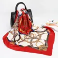 Luxury red silk scarf 90cm large square satin headwrap with classic chain belt print. - D9043-Red