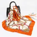 Luxury orange silk square scarf with classic equestrian chain print, elegant 90cm satin shawl. - D9043-Orange