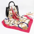 90cm Women Luxury Silk Scarf Fashion Chain Print Satin Headband Big Square Shawl Scarf - D9043-Rose Red