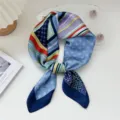 Fashion 70cm silk square scarf elegant geometric print neckerchief for women shirt chic - Vibrant Four Grid Navy Blue