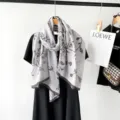 Grey floral print cotton linen scarf for women, elegant autumn soft shawl and headscarf. - Gray
