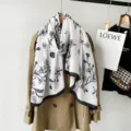 Women's cotton linen scarf autumn black white floral print elegant long shawl headscarf. - Black