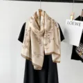 Elegant beige floral print scarf, soft cotton linen blend shawl for autumn and daily wear. - Khaki