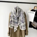 Cotton linen scarf for women autumn thin floral bird print shawl elegant long headscarf - Blue