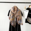 Women cotton linen scarf autumn vintage belt chain print shawl elegant headscarf daily wear - Brown