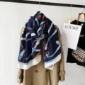 Women cotton linen scarf autumn winter elegant blue chain print long shawl fashion wrap - Blue