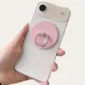 Close-up of pink magnetic phone ring holder with silver metal ring on phone - Magnetic Stand / Pink