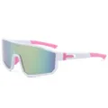 Gafas de sol deportivas de ciclismo blancas y rosas con lentes de espejo verdes SKU - 3358 montura blanco sólido revestimiento rosa patillas rosas