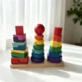 Handcrafted rainbow wooden stacking toy with three geometric towers for early education - Three-Column Tower (Small)