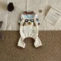 Warm winter pet overalls with bear pocket and traction ring in white corduroy finish - S (Recommended 1.5-2.5kg) / Top And Bottom / Creamy Apricot White
