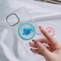 Support MagSafe transparent pour téléphone avec véritables fleurs bleues séchées et béquille - Support Magnétique / Hortensia Bleu Foncé