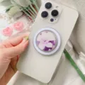 Floral pattern magnetic phone grip socket for iPhone case, purple and white flower design - Magnetic Stand / Floral 2