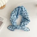 Blue leaf print cotton linen small square scarf, vintage neck scarf and stylish hair band. - Transparent Leaf Blue (6B)
