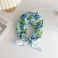 Cotton linen floral square scarf versatile spring neckerchief hair band for women stylish. - 2B Blue Flower & Green Leaves