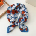 Blue floral cotton-linen square scarf, stylish tulip pattern neckerchief variant. - Paper Floral Blue