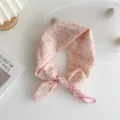 Pink floral cotton linen small square scarf hair band cute vintage elegant neckerchief style - Small Flowers Pink (11B)