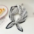 Pleated square scarf with black and white stripes and floral print, elegant spring accessory. - Black Floral Lines