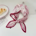 Pleated square silk scarf for women, white and red printed fashion head wrap and neck scarf. - Red Floral Lines