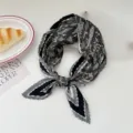 Black white pleated square silk scarf for women retro printed elegant vintage hair band neckerchief - Black Gray Striped Floral