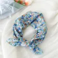 Floral print square scarf, lightweight cotton linen headscarf, versatile cute neckerchief. - 19B Peach Blue