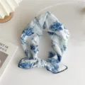 Blue and white floral print cotton linen small square scarf, vintage literary style neckerchief. - Forest Fox Blue (16B)