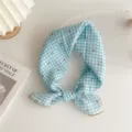 Blue plaid cotton linen headband with cute cherry print, stylish spring hair scarf variant. - Grid Cherry Blue (21B)