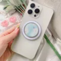 Magnetic phone grip with delicate blue floral pattern shown on white smartphone - Magnetic Stand / Floral 1