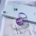 Purple marble resin phone ring holder with round folding metallic grip - Finger Ring Holder / Heather Purple
