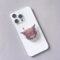 Detailed view of an acrylic cartoon character phone socket grip on a white smartphone - Expandable Stand Style 11