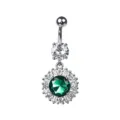 Detail view of a silver belly ring featuring a brilliant emerald green zircon centerpiece. - Snowflake Sun Flower Style (12#) / Green Zirconia