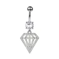 Professional close-up detail of a silver belly ring with a zircon-studded diamond pendant - Diamond Hollow Style (6#)